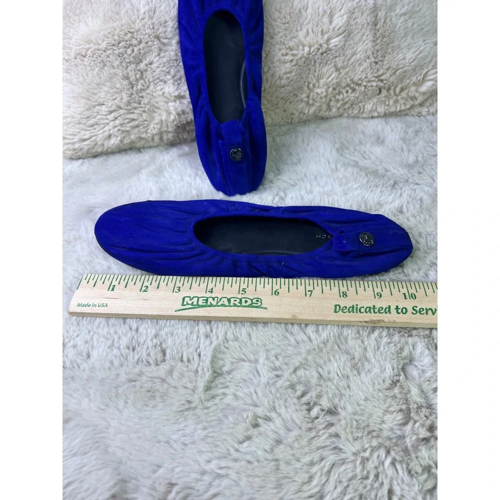 Tory Burch‎ Minnie Travel Ballet Flats Royal Blue Suede Ruched Foldable Womens 8